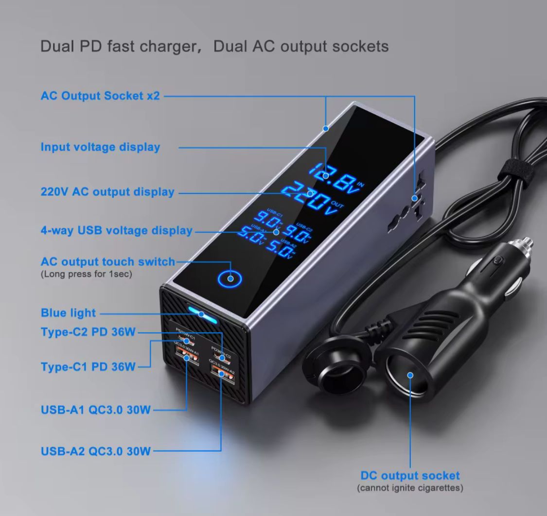 300W DC-AC Inverter 220V to 12V Car Charger Adapter with LCD Display UrShope